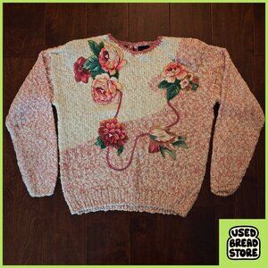 Vintage 80s L George Palomares Floral Appliqué Knit Sweater Pearls Cottagecore